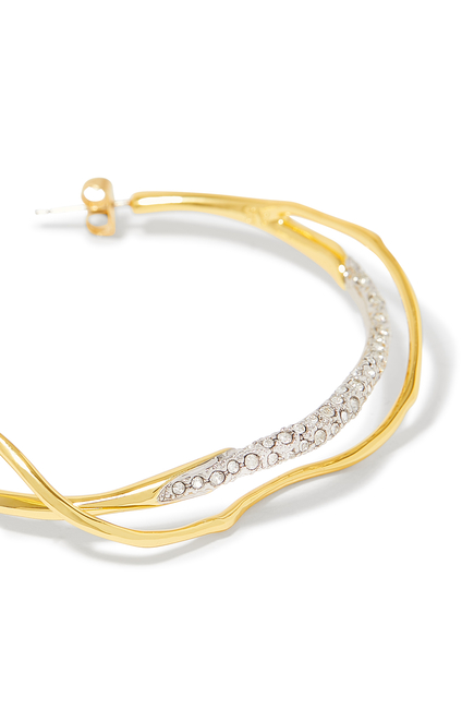 Intertwined Two Tone Pave Hoop Earrings, 14k Gold and Rhodium Tone-Plated Brass Metalwork, Surgical Steel & Crystals